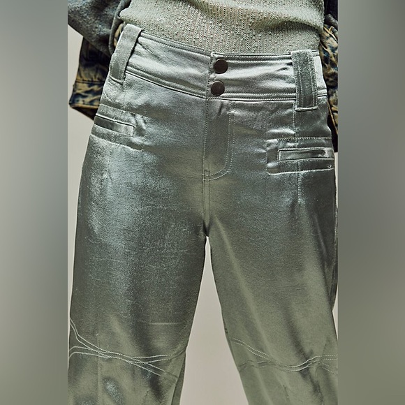 Free People Pants - NWOT Rare Free People Discontinued Metallic Green Satin Pants